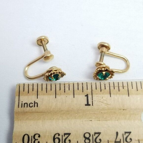 Vintage Gold Filled Blue Green Rhinestone B+N Signed Clip On Screw Back Earrings - Picture 5 of 7
